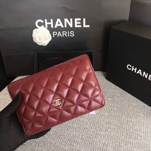 Чанта Chanel WOC Flap, тъмночервена, оригинална, от овча кожа, 33814, сребриста