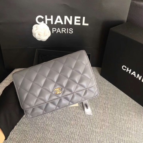 Чанта Chanel WOC Flap, сива, оригинална, от овча кожа, 33814, златиста