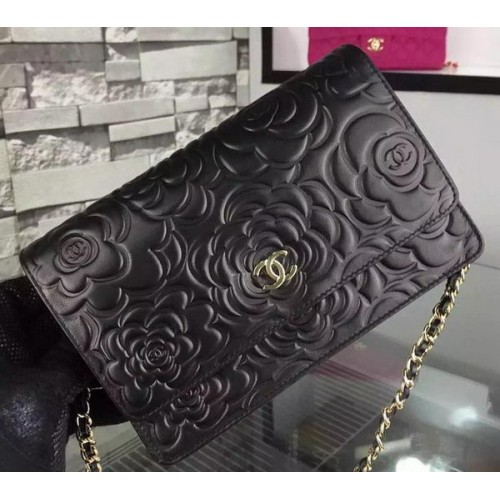 Чанта Chanel WOC Flap Original Black Camellia Leather A5373 Gold