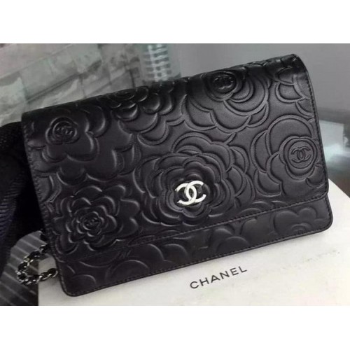 Чанта Chanel WOC Flap Original Black Camellia Leather A5373 Silver
