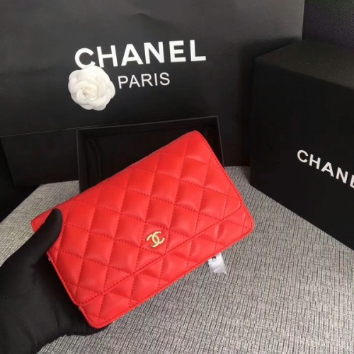 Чанта Chanel WOC Flap, червена, оригинална, от овча кожа, 33814, златиста