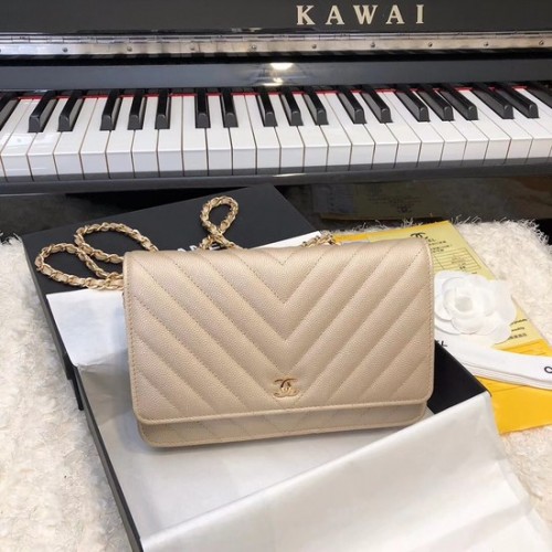 Чанта през рамо Chanel WOC Original Caviar Leather Flap V33814 Gold Gold