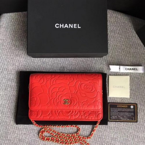 Кожена мини чанта Chanel WOC Red Camellia A33814 Gold