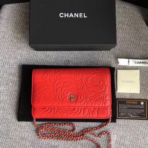 Кожена мини чанта Chanel WOC Red Camellia A33814 Silver