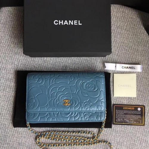Чанта Chanel WOC Skyblue Camellia Leather мини с капак A33814 Gold