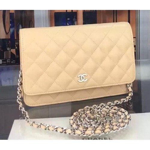 Chanel WOC мини чанта с капак, кайсия, овча кожа A5373, сребристо
