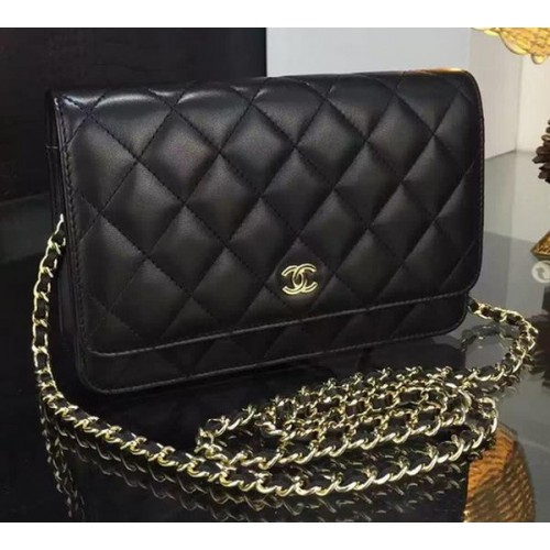 Мини чанта Chanel WOC от овча кожа, черна, златиста A5373