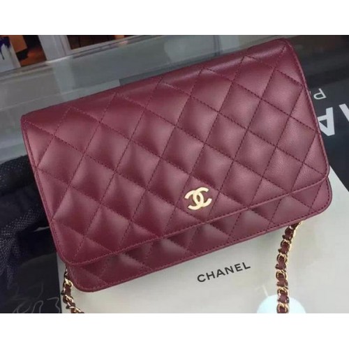 Мини чанта Chanel WOC от овча кожа, бордо A5373, златисто
