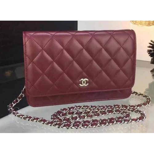 Мини чанта Chanel WOC от овча кожа, бордо A5373, сребриста