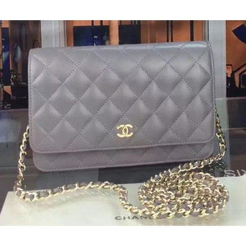 Chanel WOC мини чанта с капак, сива овча кожа A5373, златиста