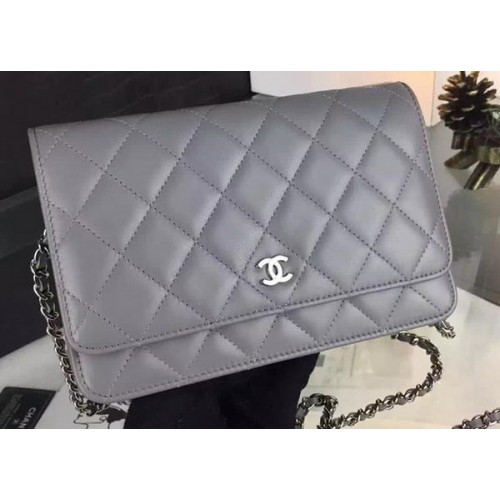 Chanel WOC мини чанта с капак, сива овча кожа A5373, сребриста