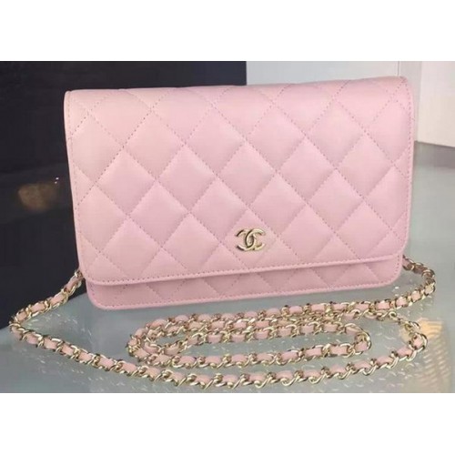 Chanel WOC мини чанта с капак, розова овча кожа A5373, златиста