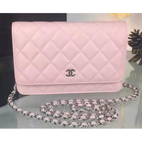 Chanel WOC мини чанта с капак, розова овча кожа A5373, сребриста