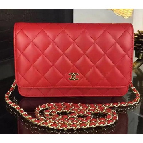 Chanel WOC мини чанта с капак, червена овча кожа A5373, златиста