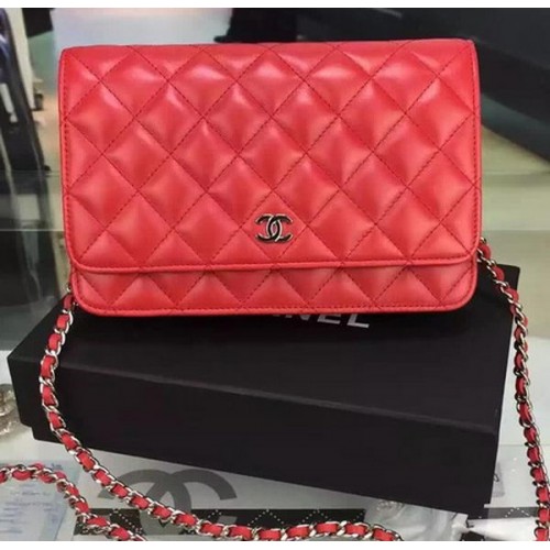 Chanel WOC мини чанта с капак, червена овча кожа A5373, сребриста