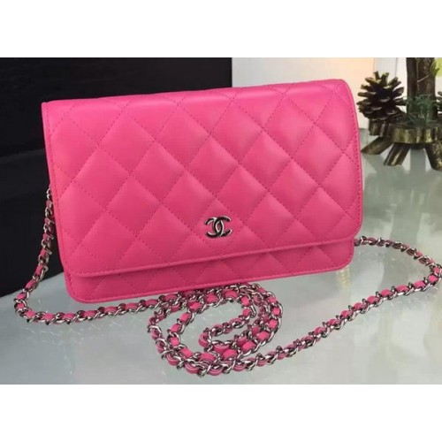Chanel WOC мини чанта с капак, розова, овча кожа A5373, сребриста