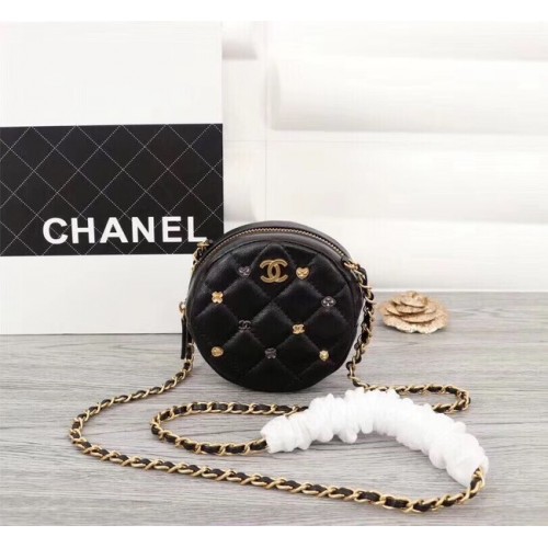 Портфейл Chanel с верижка от агнешка кожа, златист метал A8153, черен