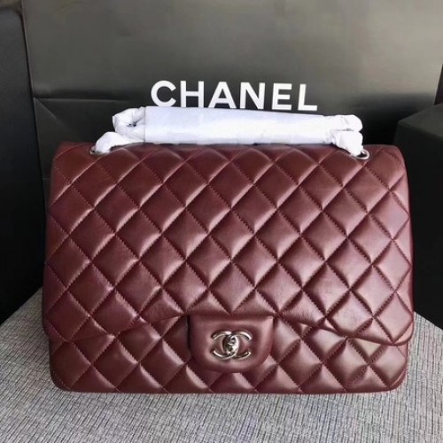 Chanel Maxi Quilted Classic чанта с капак, цвят вино, овча кожа A58601, сребриста