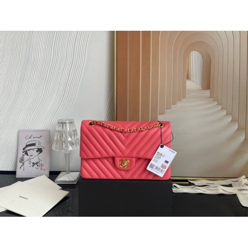 Класическа чанта Chanel от агнешка кожа, златист метал, V01112, розов цвят