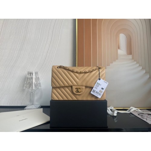 Класическа чанта Chanel от агнешка кожа, сребриста метална V01112, кафява