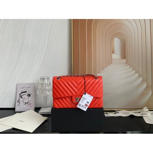 Класическа чанта Chanel от агнешка кожа, сребриста метална V01112, оранжева