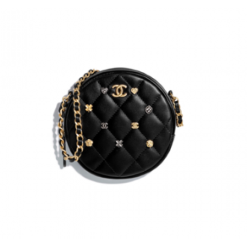 Клатч Chanel с верижка от агнешка кожа, златист метал A81620, черен