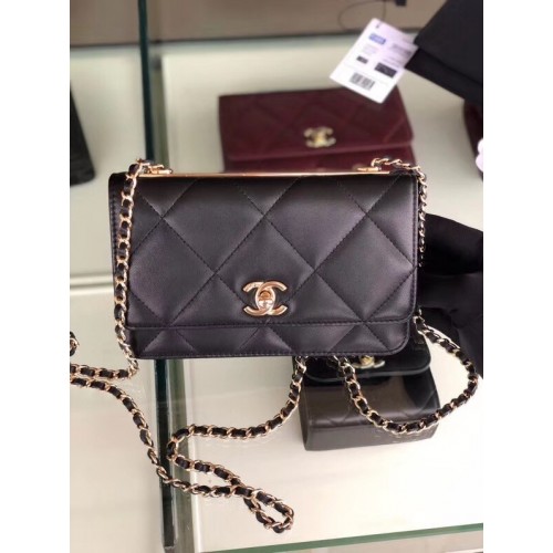 Чанта Chanel с капак от агнешка кожа, златист метал 3798, черна