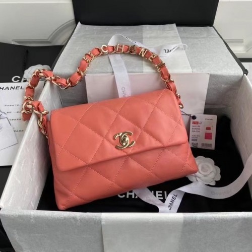 Чанта Chanel с капак от агнешка кожа, златист метал AS2299, розова
