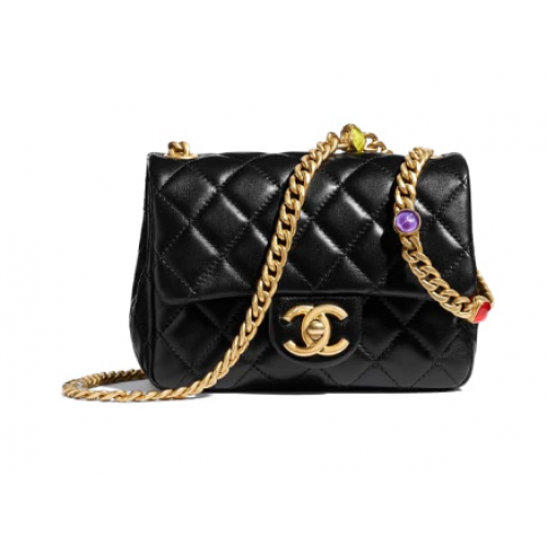 Чанта Chanel с капак от агнешка кожа, златист метал AS2379, черна