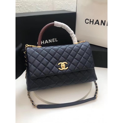 Чанта Chanel с капак и бордо горна дръжка A92991, тъмносиня