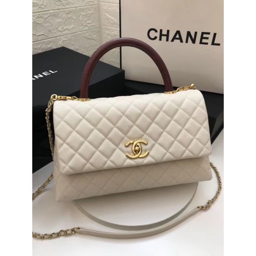 Чанта Chanel с капак и червена горна дръжка A92991 бяла