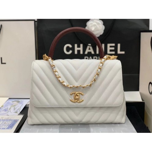 Чанта Chanel с капак и червена горна дръжка V92991 бяла