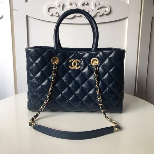 Голяма пазарска чанта Chanel от телешка кожа, златист метал A57974, синя