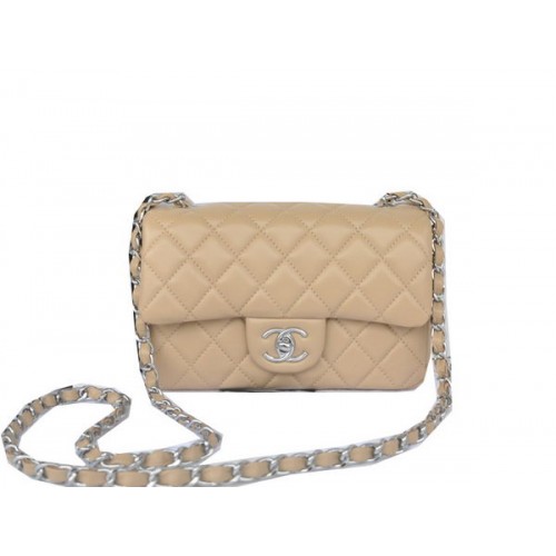 Мини чанта Chanel Classic Flap, кайсия, оригинална овча кожа CHA1116, сребриста
