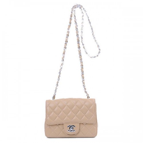 Мини чанта Chanel Classic Flap, цвят кайсия, овча кожа 1115, сребриста