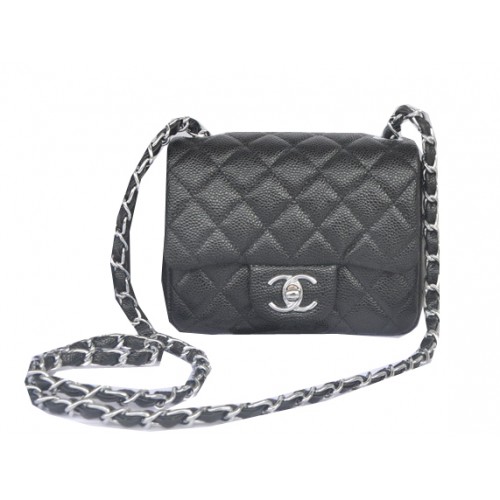 Мини чанта Chanel Classic Flap, черна, с шарка Cannage, 1115, сребриста