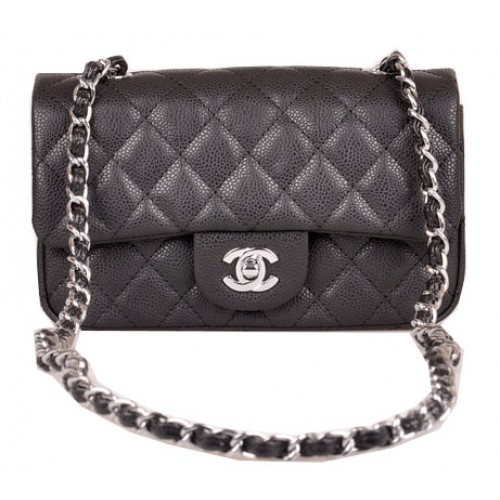 Мини чанта Chanel Classic Flap, черна, с шарка Cannage, 1117, сребриста