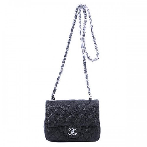 Мини чанта Chanel Classic Flap, черна, с шарки Cannage 1115, сребриста