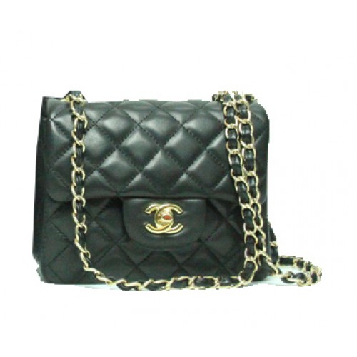 Мини чанта Chanel Classic с капак, черна кожа, 1115, златна верижка