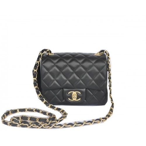 Мини чанта Chanel Classic Flap от оригинална овча кожа, черна, CHA1115, златиста