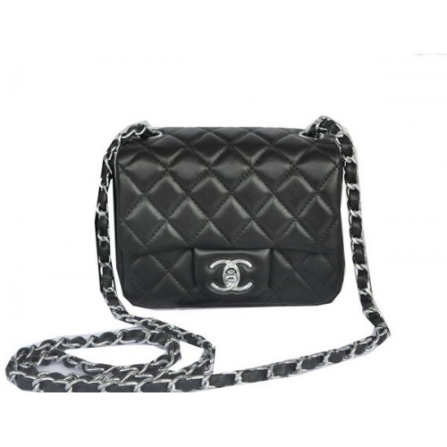 Мини чанта Chanel Classic Flap от оригинална овча кожа, черна, CHA1115, сребриста
