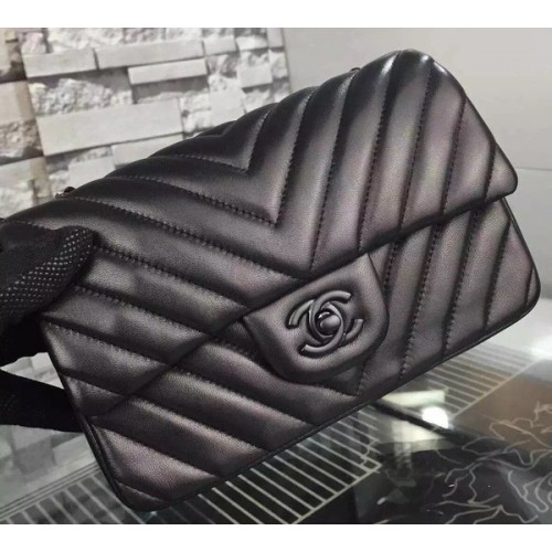 Мини чанта Chanel Classic Flap, черна, оригинална, от овча кожа Chevron, CHA5500, черна