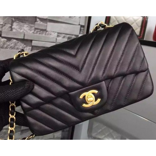 Chanel мини чанта класическа чанта с капак, черна, оригинална овча кожа, шеврон, CHA5500, златиста