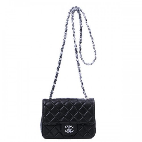 Мини чанта Chanel Classic Flap от черна овча кожа 1115 сребриста