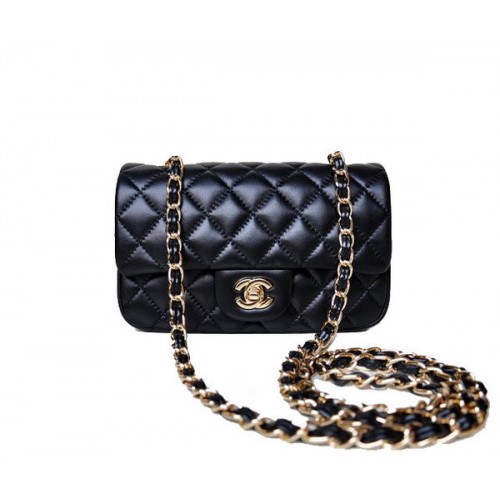 Мини чанта Chanel Classic Flap от черна овча кожа 1117 Златно