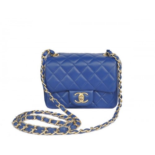 Мини чанта Chanel Classic Flap, синя, оригинална, овча кожа CHA1115, златна