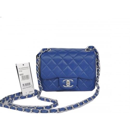 Мини чанта Chanel Classic Flap, синя, оригинална, овча кожа CHA1115, сребриста