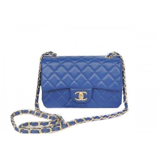 Мини чанта Chanel Classic Flap от оригинална овча кожа, синя CHA1116, златиста
