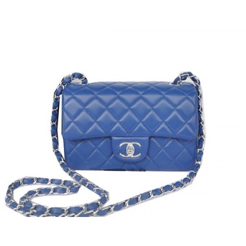 Мини чанта Chanel Classic Flap, синя, оригинална, овча кожа CHA1116, сребриста