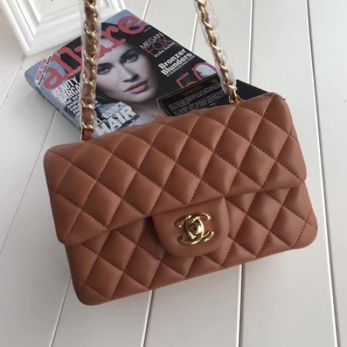 Chanel мини чанта от класическа овча кожа, кафява, A1116, златиста